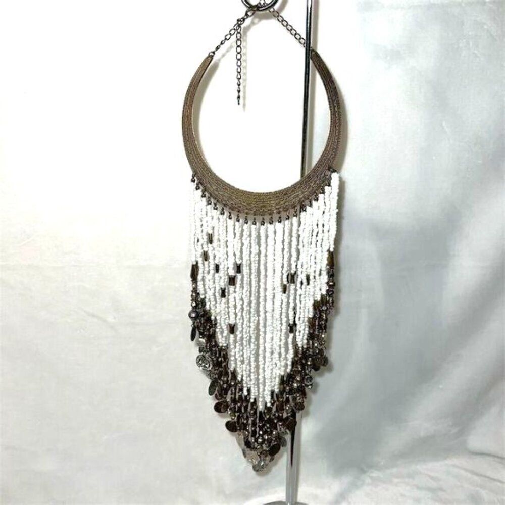 Vintage Fringe Necklace White Beaded Coin Accents